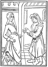 Pierre Pathelin and his wife. Woodcut from the edition of the play published in 1490.